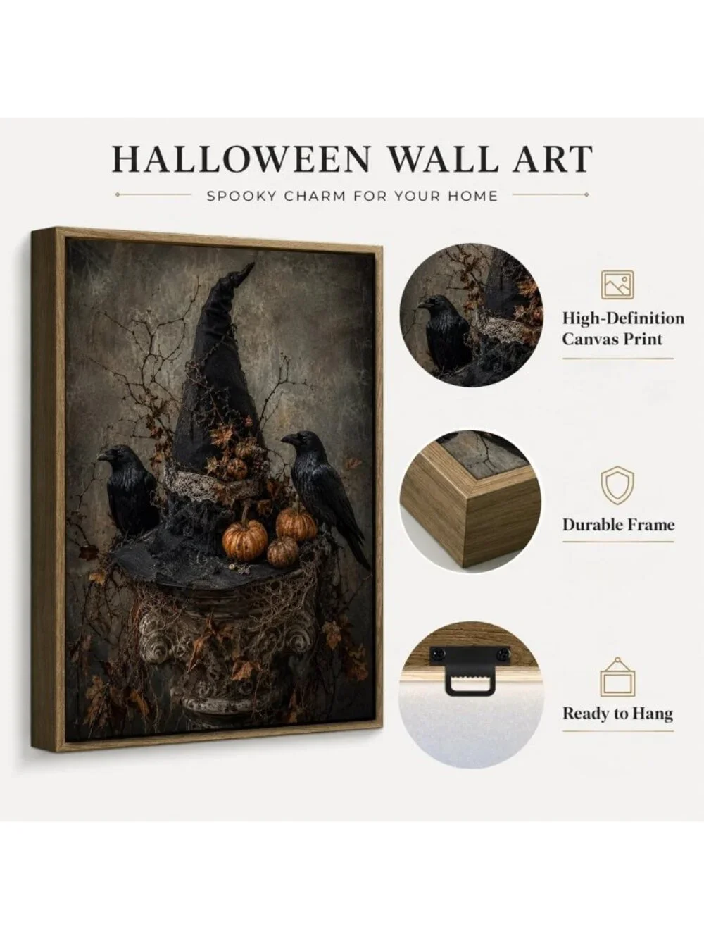 Spooky Halloween Framed Wall Art - Witch Hat, Raven & Pumpkin Decor